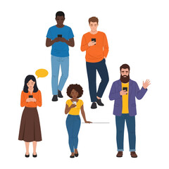 Tech-connected: A graphic illustration showcasing a diverse gathering of individuals engrossed in their phones. Depicting digital interaction and modern connection.