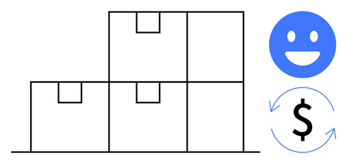 Stacked shipping boxes alongside a circular money exchange and happy face icon. Ideal for e-commerce, fulfillment, logistics, package delivery, customer satisfaction, trade, simple landing page