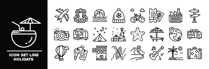 Holiday-Themed Line Set Icons Depicting Travel and Leisure Concepts.