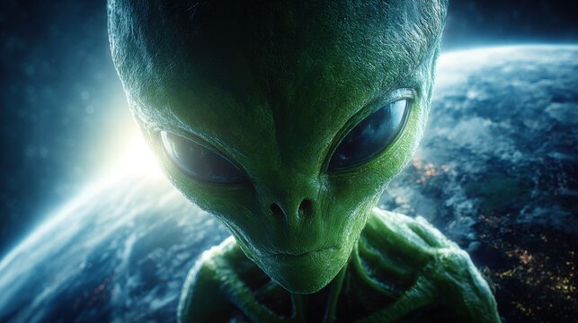 Alien figure gazes at Earth from a distant space perspective while vibrant stars illuminate the cosmos