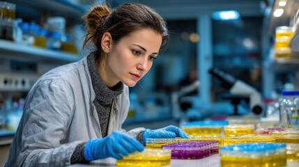 Scientist conducts research in laboratory, examining colorful cell culture plates