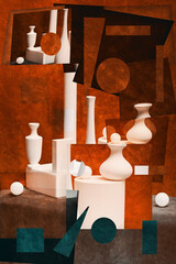 Abstract collage with white vases and white figures