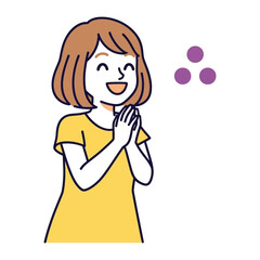 Cheerful Gratitude: A sweet illustration of a smiling woman with hands clasped in front of her, radiating joy and thankfulness, embodying the essence of appreciation.