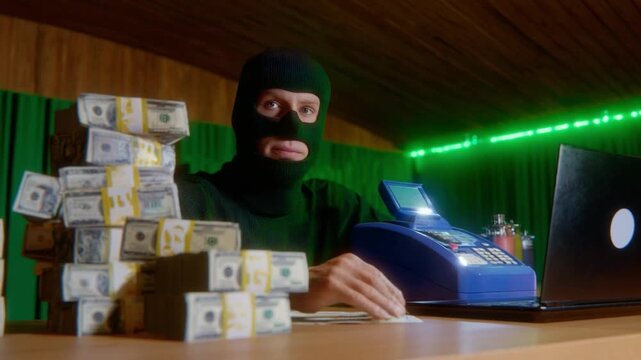 Hidden Agenda: A masked individual, amid a display of cash, cash register, and laptop, hints at a clandestine operation, evoking a sense of suspense and hidden narratives.