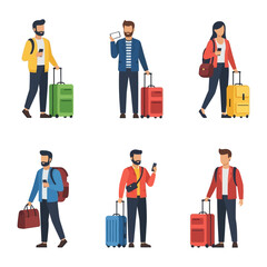 Traveling People: A vibrant collection of travelers, each with their luggage, captures the essence of movement, travel, and the anticipation of new adventures.