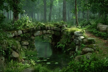 Lush, mossy stone bridge over a tranquil forest stream