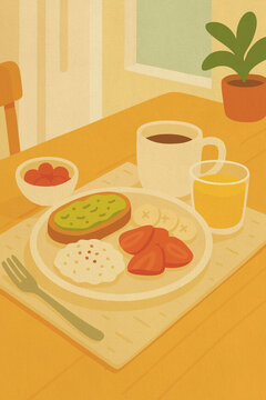 Illustration of a cozy breakfast scene with healthy food
