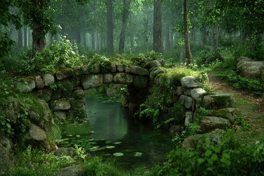 Lush, mossy stone bridge over a tranquil forest stream