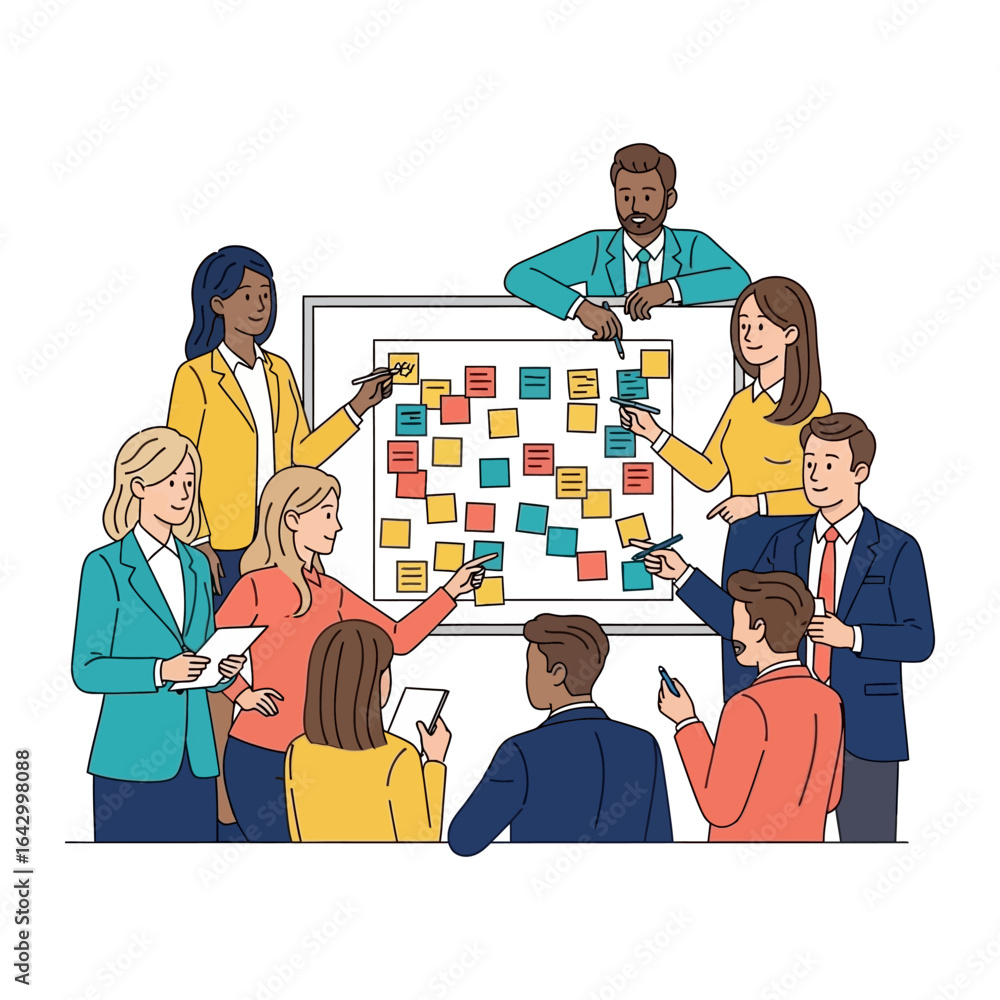 Poster brainstorming session: a diverse team collaboratively brainstorms, pinpointing ideas on a whiteboard