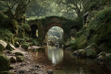 Ancient mossy stone bridge over a tranquil stream in a lush forest