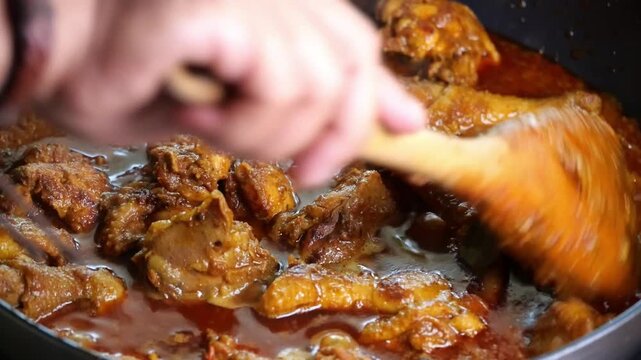  Fresh Hot Chicken Curry in Pot Traditional Indian Dish