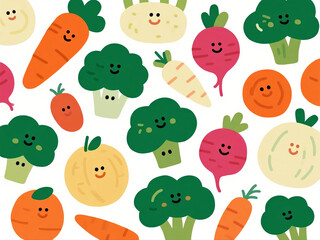 Obraz premium Pattern of smiling vegetables like carrots, broccoli, and radishes, kawaii style vector, seamless repeat