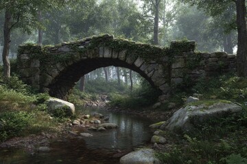 Ancient stone arch bridge over a tranquil stream in a misty forest