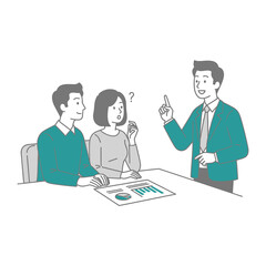 Financial Advisor Illustration: An advisor points towards a financial document as the couple sitting with them looks at them and is wondering what is said.