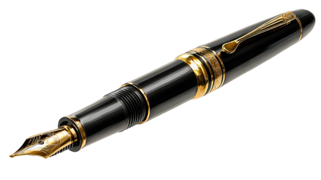 Elegant wooden fountain pen with polished gold nib, high-resolution isolated PNG cutout on transparent background, premium stationery design element for branding, luxury writing accessories