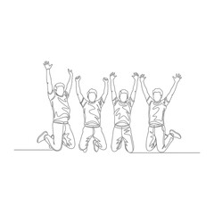 Celebratory Leap of Success: An artful, single-line illustration captures four figures in a joyous leap of triumph. Their raised arms and energized poses embody exhilaration. 