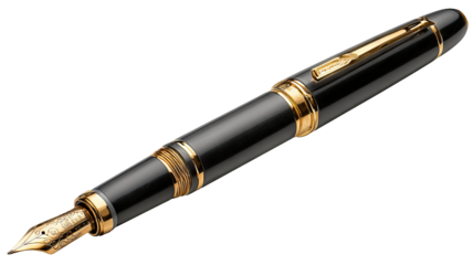 Elegant wooden fountain pen with polished gold nib, high-resolution isolated PNG cutout on transparent background, premium stationery design element for branding, luxury writing accessories