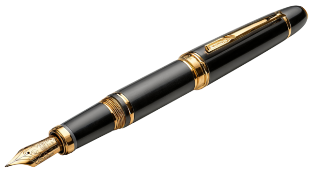 Elegant wooden fountain pen with polished gold nib, high-resolution isolated PNG cutout on transparent background, premium stationery design element for branding, luxury writing accessories