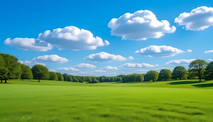 Obraz premium Green meadow with trees under blue sky