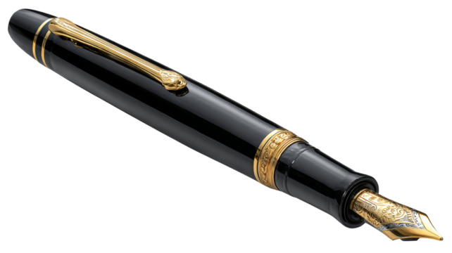 Elegant wooden fountain pen with polished gold nib, high-resolution isolated PNG cutout on transparent background, premium stationery design element for branding, luxury writing accessories