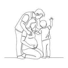 Family Harmony: A minimalist line drawing captures a tender moment as the mother cradles her baby bump. Father kisses the mother. A young child reaches out lovingly, depicting family's boundless love.