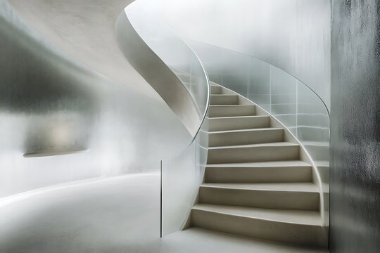 Narrow spiral staircase bordered entirely by curved frosted glass walls and thin concrete steps - Powered by Adobe