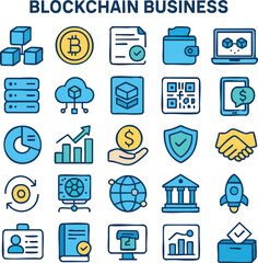 A modern flat vector icon set featuring blockchain, cryptocurrency, and digital business themes. Perfect for fintech apps, cryptocurrency platforms, blockchain startups, web3 projects.