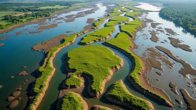 Stunning aerial drone footage captures Bangladesh's breathtaking river delta, showcasing intricate natural land patterns from above in vibrant 4k.