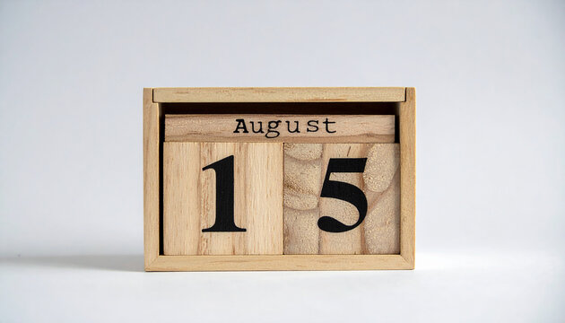 Wooden block calendar displaying August 15, rustic style date reminder. Time and events.