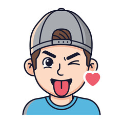 Playful Wink: A charming illustration of a young person with a cap, winking playfully while sticking out their tongue, accompanied by a cute heart symbol, perfectly embodying joy, attitude.