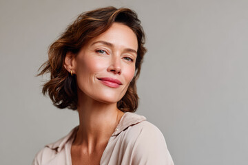 Obraz premium Confident mature woman smiling and showing self acceptance
