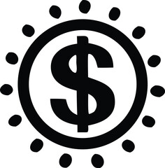 A bold black dollar sign is encircled by radiating dots symbolizing financial success wealth and prosperity in a clean graphic design