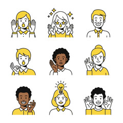 Expressive human faces with hands gesture collection: A diverse array of faces showcases a spectrum of human expressions, from open-mouthed surprise to the gleam of a bright idea.