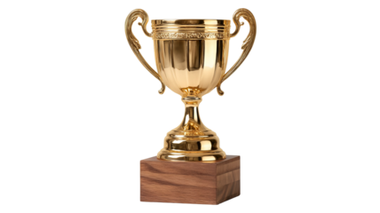 Golden trophy cup and awards on wooden stand, isolated on transparent background, high-resolution PNG cutout with clean clipping path, ideal for sports ceremony graphics, winner prize mockups
