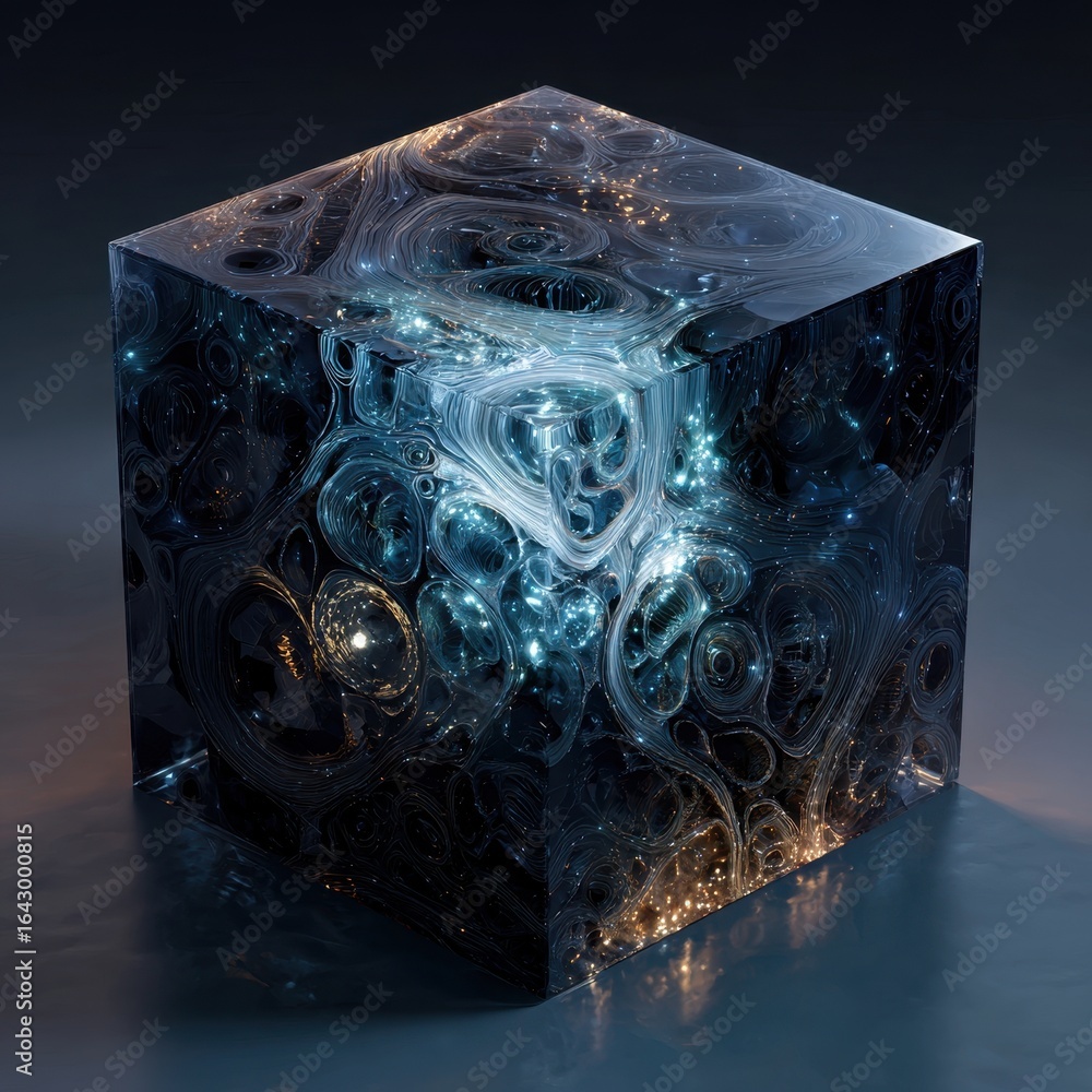 Aufkleber abstract cube with light particles flowing within, against a dark background