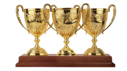 Golden trophy cup and awards on wooden stand, isolated on transparent background, high-resolution PNG cutout with clean clipping path, ideal for sports ceremony graphics, winner prize mockups