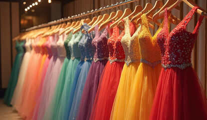 A beautifully arranged luxurious evening gowns in a range of vibrant colors with soft lighting. The photo emphasizes fabric textures, flowing silhouettes, and sophisticated fashion styling