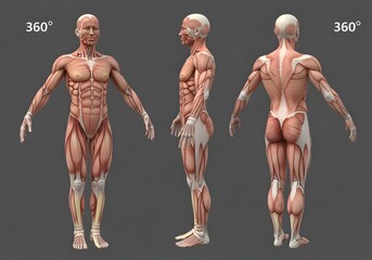 A 360-degree view of a human anatomical model showcasing the muscular system from the front, side, and back perspectives.