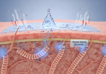 Cross-section illustration of human skin showing sweat gland function and water evaporation.