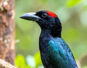 Close-up profile of a dark bird with a vibrant red crest, perched on a branch