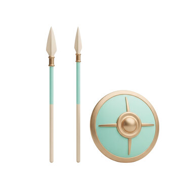 Ancient greek warrior shield and spears isolated on transparent background
