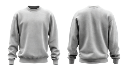 Gray sweatshirt mockup, front and back view, soft fabric crewneck, isolated on transparent background, high-resolution PNG cutout, casual unisex apparel template for branding, logo placement