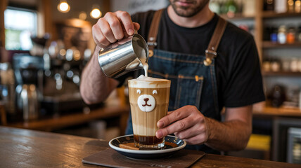Barista crafts a bear face in coffee foam