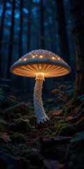 Illuminated mushroom in enchanting forest setting