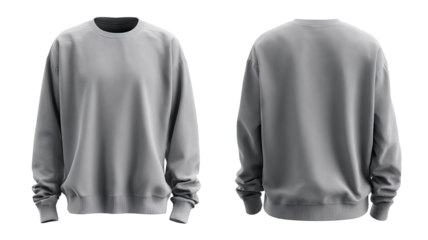 Gray sweatshirt mockup, front and back view, soft fabric crewneck, isolated on transparent background, high-resolution PNG cutout, casual unisex apparel template for branding, logo placement