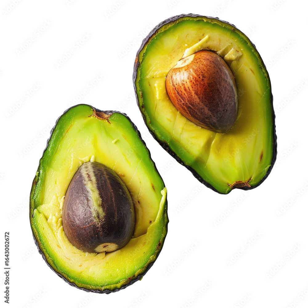 Poster two halves of a ripe avocado with visible seeds, isolated on a transparent background. background re