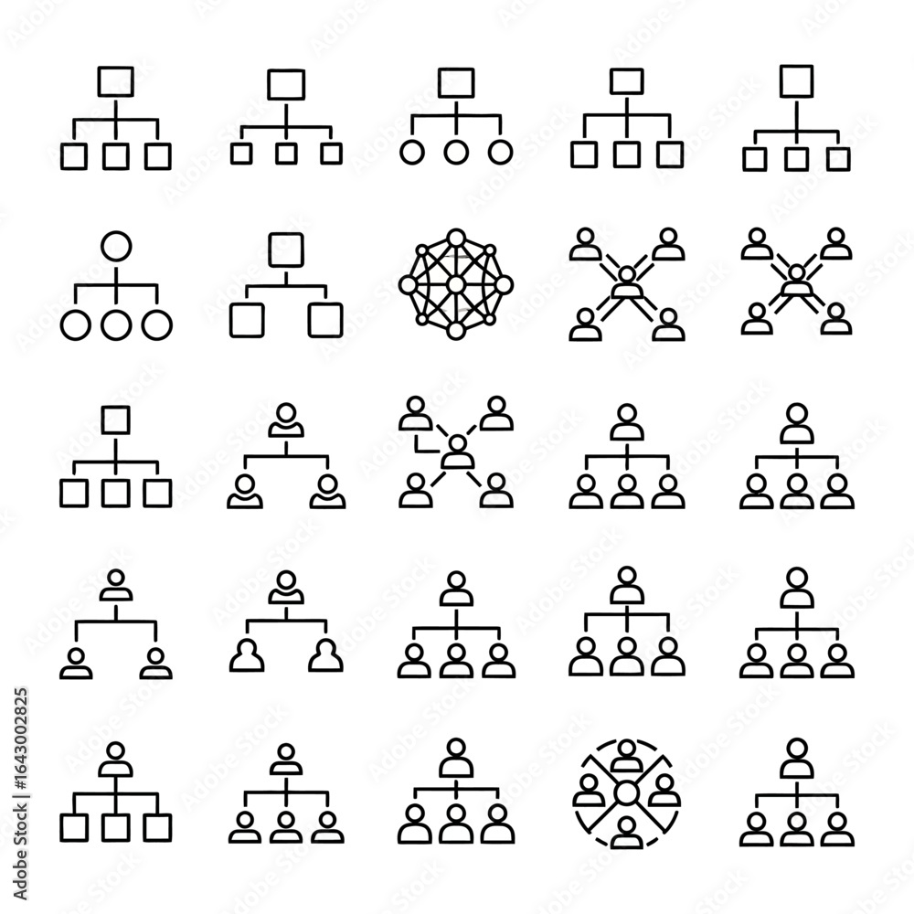 Poster organization structures & network icons: a comprehensive visual set of streamlined organizational st