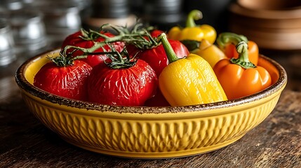 the image shows a yellow bowl filled with fresh produce. vibrant red vegetables, some still attached to a stem, are mixed with bright yellow and orange bell shaped vegetables
