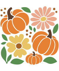 Orange pumpkins and flowers with green leaves and brown dots autumn fall