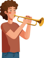 Young man playing golden brass trumpet, musical horn with expression of joy and focus. Musical instrument performance for entertainment or education.